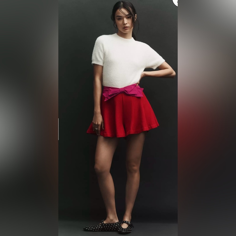 Maeve Red Skater Shorts with Pink Bow Waist